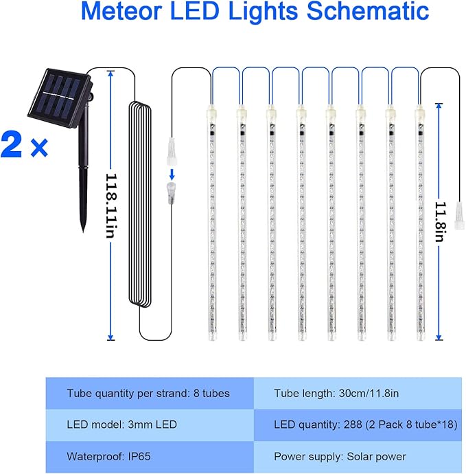 JMEXSUSS 2 Pack Solar Christmas Meteor Shower Lights 16 Tube 288 LED White Solar Christmas String Lights Outdoor Waterproof for Tree Patio Garden Wedding Party Decorations