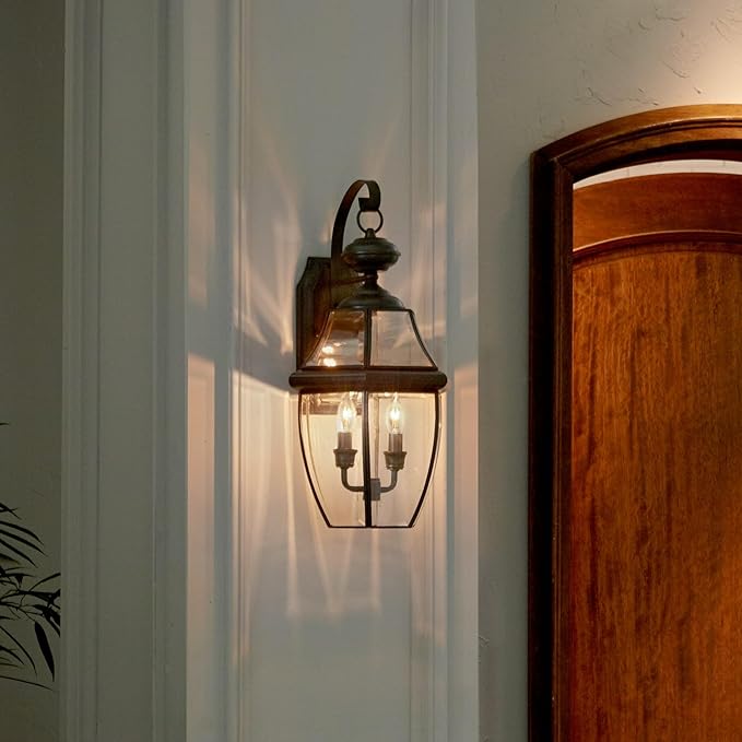 Quoizel Newbury 20 Outdoor Wall Lantern 2-Light Medici Bronze with Clear Beveled Glass E12 Base French Country Style