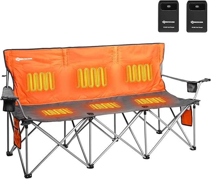 ANTARCTICA GEAR Heated Double Camping Chair with 12V 15000mAh Battery Pack - Heavy-Duty XL Folding Bench for Outdoor Campsites Tailgating - Portable Heated Seating with Adjustable Warmth