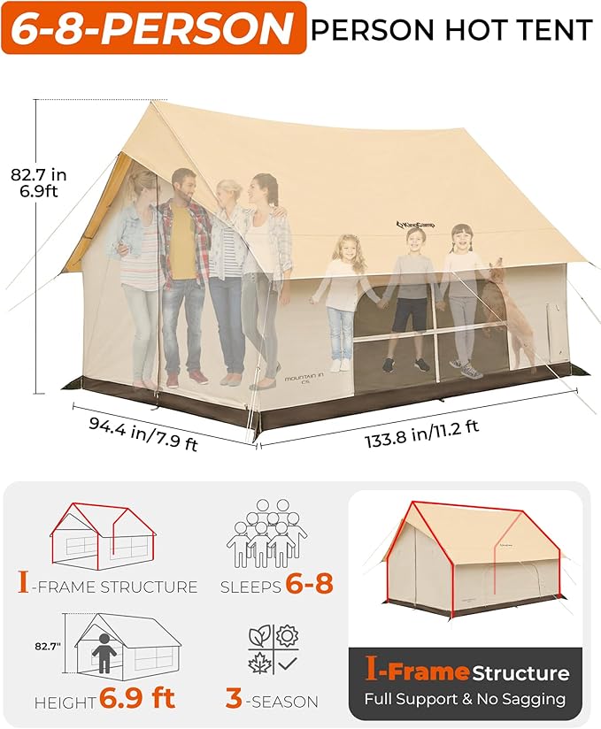 KingCamp Camping Tent with Floor 6-8 Person Canvas Hot Tent with Stove Jack Waterproof &amp Windproof Cabin Tent for Family Camping &amp Outdoor Parties