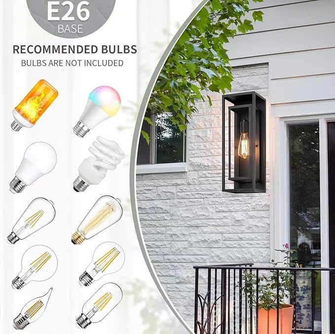 18inch Outdoor Wall Light FixturesExterior Waterproof LanternsPorch Sconces Wall Mounted Lighting with E26 Sockets &amp Glass ShadesModern Matte Black Wall Lamps for Patio Front Door Entryway (1 P