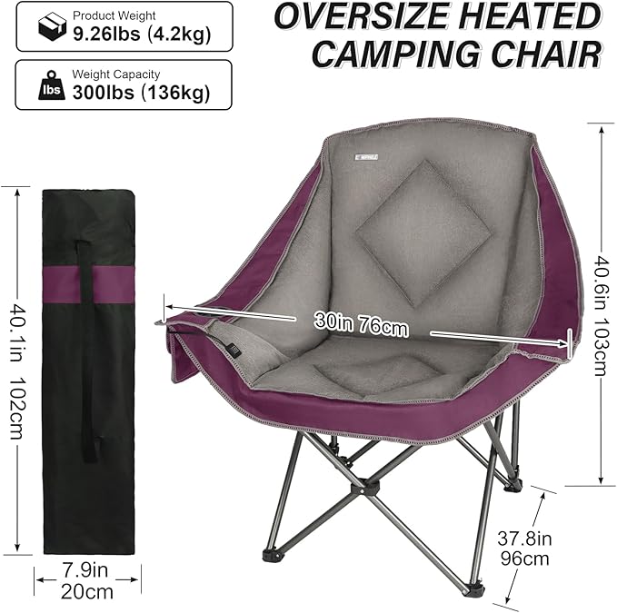 CAMPHILL Heated Camping ChairsOversized Padded Heating Lawn Chair with Cup HolderWide&ampThickHeavy Duty Folding for PatioTailgatesand SportsBattery NOT IncludedPurple