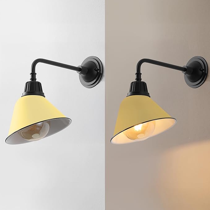 JONATHAN Y 9.63 Matte Yellow/Black 1-Light Farmhouse Outdoor Sconce Industrial LED Wall Light Gooseneck Arm Barn Lamp with Metal Bell Shade for Porch Patio Kitchen LED Bulb Included (JYL7612H)