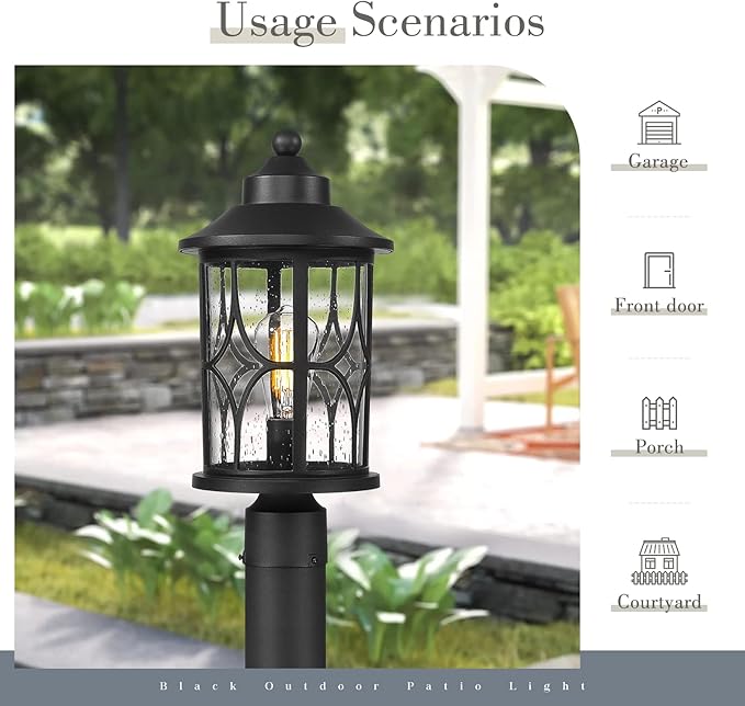 zeyu Farmhouse Exterior Post Light Fixture 17 Inch Modern Outdoor Pole Light for House Patio Yard Die-Cast Aluminum with Seeded Glass Shade Black Finish ZX48MP BK