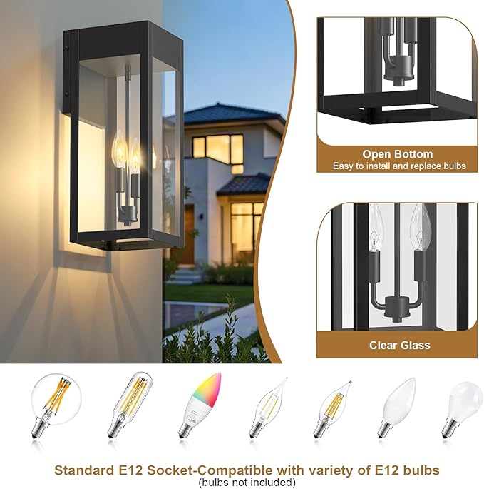 2-Pack 17.87 Extra Large Outdoor Wall Lights with GFCI Outlet Black 2-Light Porch Lights Outdoor Waterproof Exterior Lamp with E12 Sockets for House Porch Patio Garage