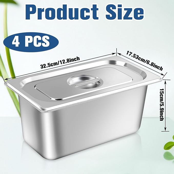 4 Pack Hotel Pans with lids 1/3 Size x 6 Inch Deep Steam Table Pan Stainless Steel Steam Table Pans Anti Rust Catering Storage Food Pan for Home Hotel Party Restaurant Buffet