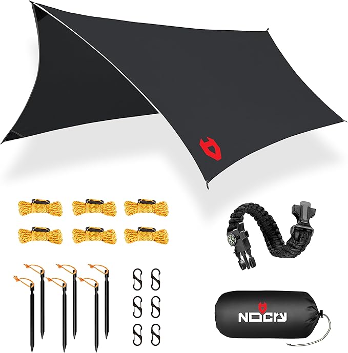 Rain Fly 12x10 Lightweight Survival Camping Tarp 100% Waterproof Makes a Great Backpacking Tarp or Hammock Shelter Comes in Multiple Colors Survival Bracelet Included Black