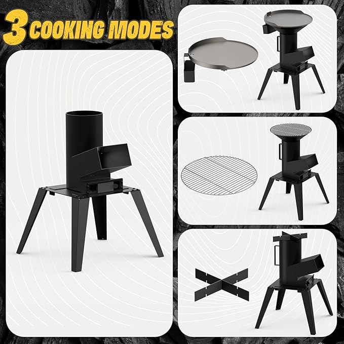 3-in-1 Camp Rocket Stove Kit with BBQ Grate Griddle Pot Rack Portable Wood Burning Stove with Detachable Stand Camping Gear for Outdoor Cooking Patio Barbecue RV Tailgating GS345