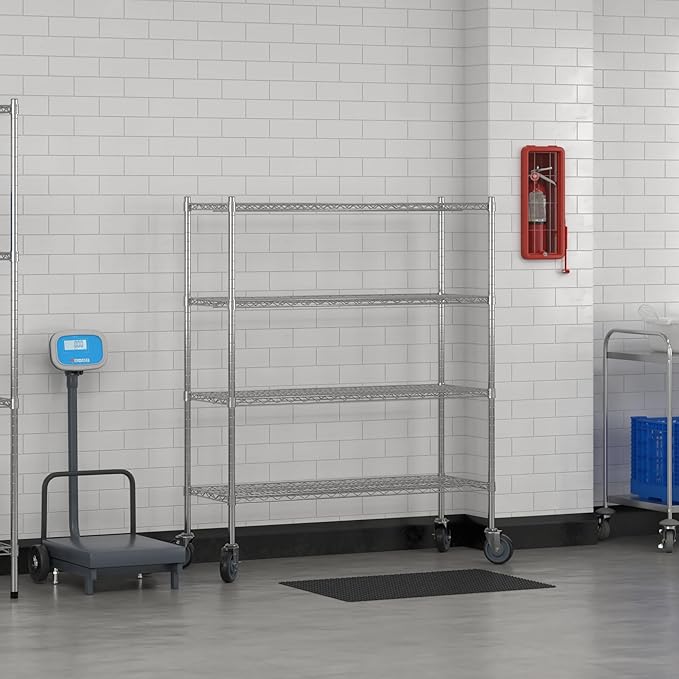 Commercial NSF Listed Chrome Mobile Wire Shelving Kit 18 x 48 x 60 with 4 Shelves Perfect for Warehouse Walk-in Refrigerator Freezer Grocery Store Restaurant Dishroom