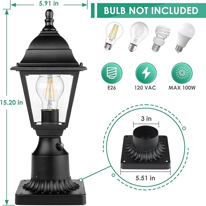 FOLKSMATE Dusk to Dawn Outdoor Post Lights 2-Pack Waterproof Outside Post Lamps with Pier Mount Exterior Pole Lantern with Clear Glass Matte Black Light Fixture for Patio Garden Walkway