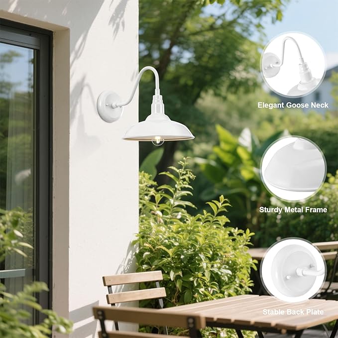 Outdoor Gooseneck Barn Light Fixture with Wall Mount 10'' Diameter White Exterior Waterproof Wall Lantern for Porch Farmhouse Wall Sconce 2 Pack LM2201-WH-2P