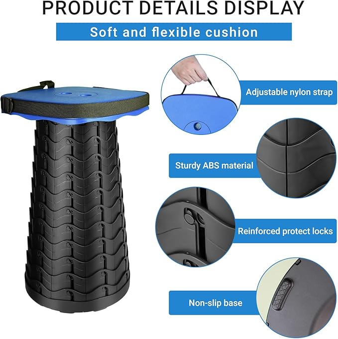 Upgraded Folding Stool - 485lbs Load CapacityTelescopic StoolPortable Collapsible Seat for CampingFishingHikingTravel