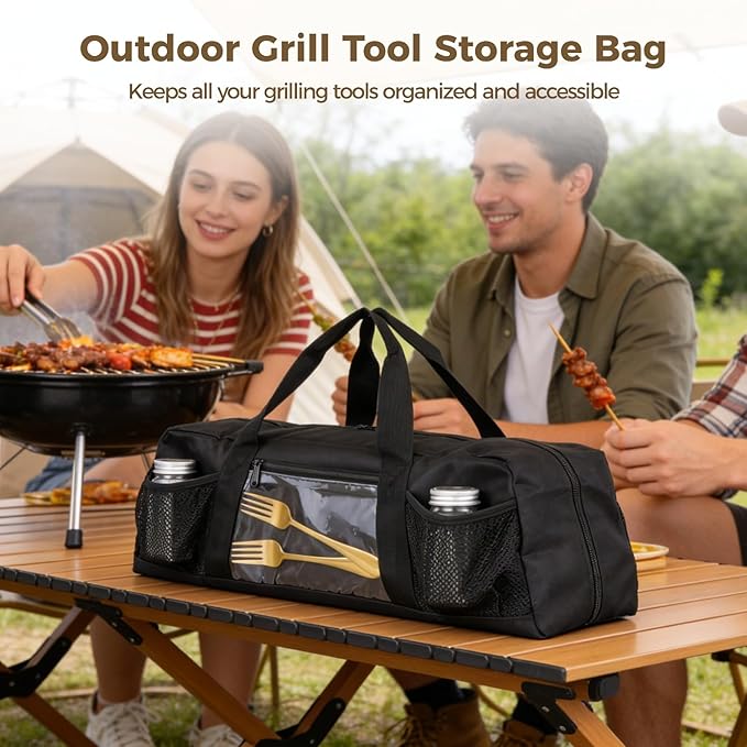 Grill Tool Storage Bag Outdoor BBQ Utensil Holder for Barbecue Tool up to 20 Large Grill Utensil Storage Caddy with Pockets BBQ Accessories Case Container for Camping Bag Only Black
