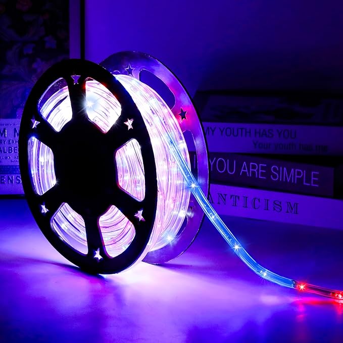 50ft 360 LED Waterproof Rope Lights 110V Connectable Indoor Outdoor Led Rope Lights for Deck Patio Pool Camping Bedroom Decor Landscape Lighting and More (RED+White+Blue)