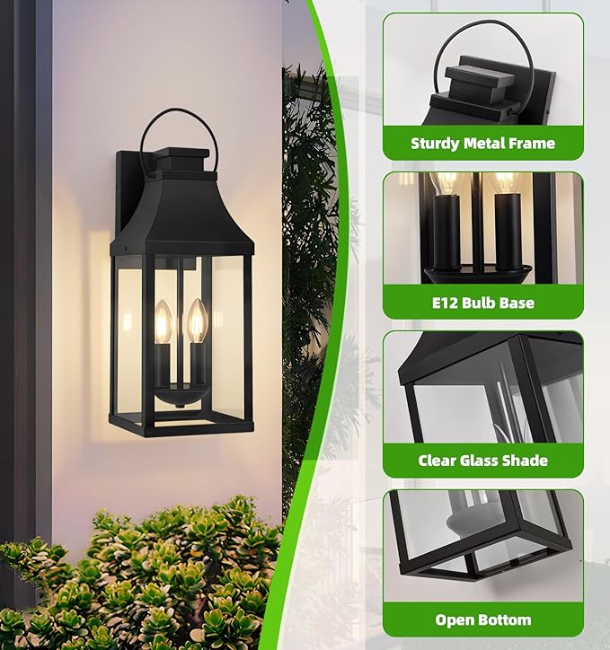 tewei 2-Pack Outdoor Wall Lights 20'' Porch Light Outdoor Wall Sconce Lantern Modern Black Exterior Lighting Fixture Wall Mount Outside Light for House Garage
