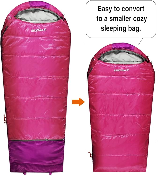 REDCAMP Kids Mummy Sleeping Bag for Camping 3 Season Cold Weather Sleeping Bag Fit BoysGirls &amp Teens Blue/Rose Red