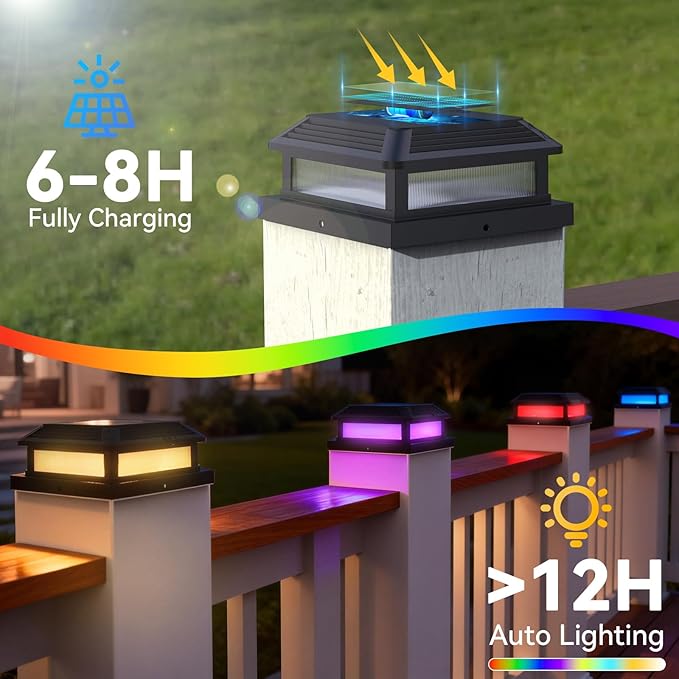 Solar Post Cap Lights Outdoor with Remote 12 Pack Waterproof RGB Color Changing Fit 4x4 5x5 Wood/Vinyl Posts Black Fence Post Solar Lights with 12 Color Modes for Deck Patio Garden Decoration