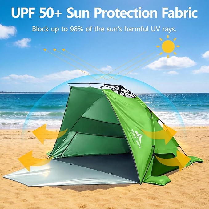 Three Bears Pop Up Beach Tent Sun Shade Shelter for 3-4 Person UPF 50＋ UV Protection Lightweight &amp Easy Setup Beach Shade Canopy Portable Beach Shade Tent Beach Cabana (Green)