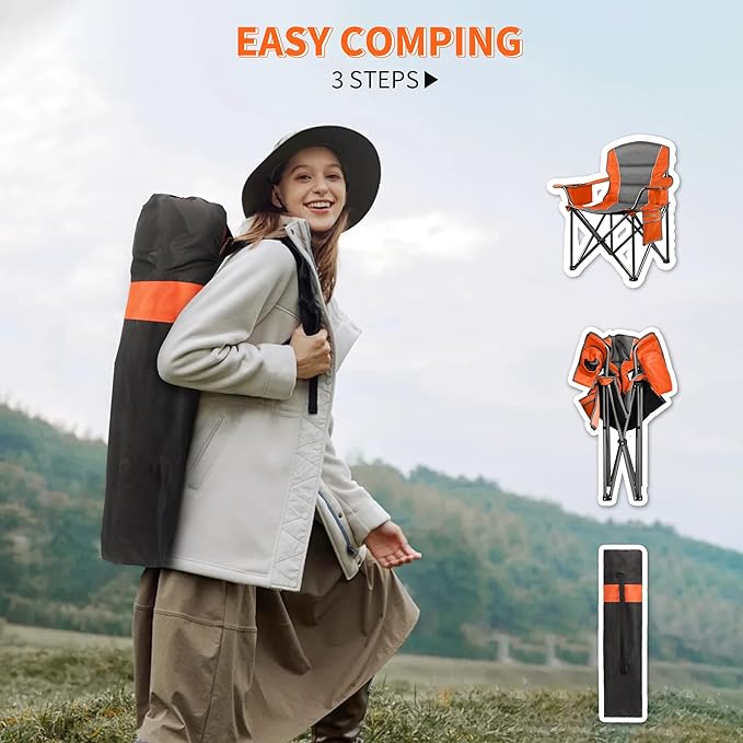 2 Pack Padded Oversized Camping Chairs for AdultsHeavy Duty Support 400 LbsFolding Portable Lawn Chair w/Cup HolderCooler BagSide PocketPerfect for Outdoor PicnicHiking(Orange&ampBlue)