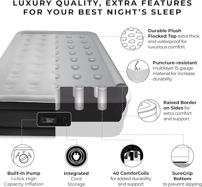 SoundAsleep Dream Series Luxury Air Mattress with ComfortCoil Technology &amp Built-in High Capacity Pump for Home &amp Camping- Double Height Adjustable Inflatable Blow Up Portable - Queen Size