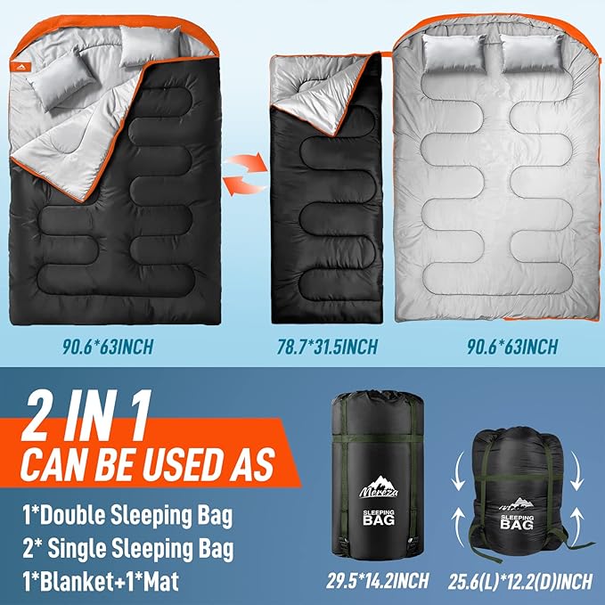 MEREZA Double Sleeping Bag for Adults Mens with Pillow XL Queen Size Two Person Sleeping Bag for All Season Camping Hiking Backpacking 2 Person Sleeping Bags for Cold Weather &amp Warm