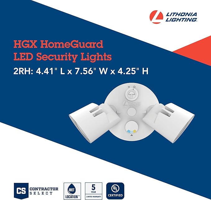 Lithonia Lighting HomeGuard 2-Light LED Outdoor Flood Lights Outdoor LED Lights Dusk to Dawn Sensor Adjustable Lumens Selectable Color Round Heads White (HGX LED 2RH ALO SWW2 120 PE WH M2)