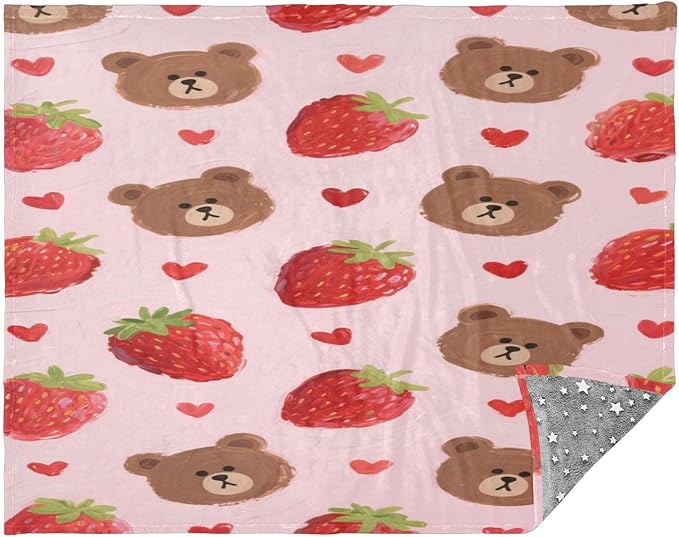 Throw Blanket Soft Cute Cartoon Brown Bear Strawberry Teen Girl Throw Blanket 50'' x 70''