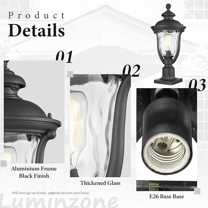 Outdoor Post Lights Modern Exterior Lamp Posts Light Fixtures Waterproof and Anti-Rust Aluminum Outside Pole Latern for Porch Patio Garden Water Ripple Glass Lamp Shade Black Finish