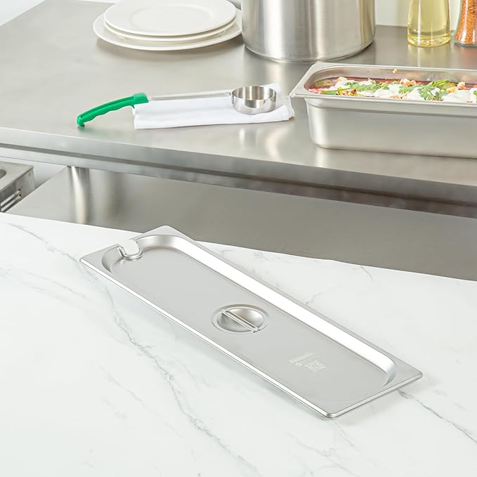 Restaurantware-LIDS ONLY: Kitchen Tek 20.8 x 6.4 Inch Steam Table Pan Covers 12 NSF Hotel Pan Covers - 1/2 Size Long Pans Sold Separately with Handle Stainless Steel Slotted Food Pan Lids