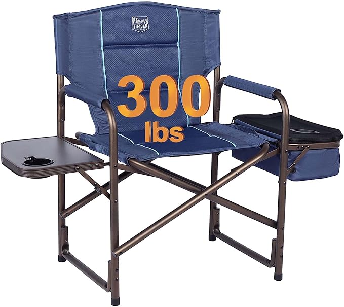 TIMBER RIDGE Folding Camping Chair with Cooler Bag Director Chair Foldable with Side Table for Adults Camp Chairs for Outdoor Lawn Sports Fishing Heavy Duty Supports 300lbs Blue