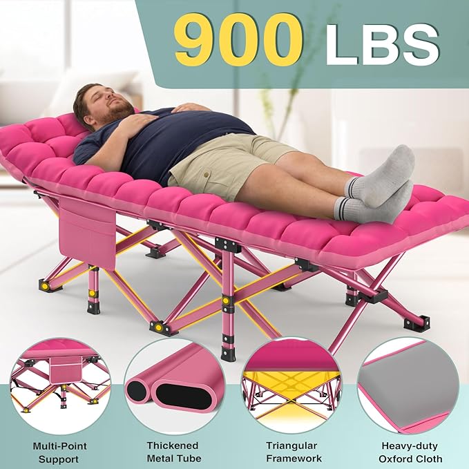 ZENPETIO Oversized XXL Folding Camping Cot Heavy Duty Sleeping Cot for Adults with Mattress and Pillow Portable Cot Bed with Carry Bag for Outdoor Camp Travel Home Guest Office Pink