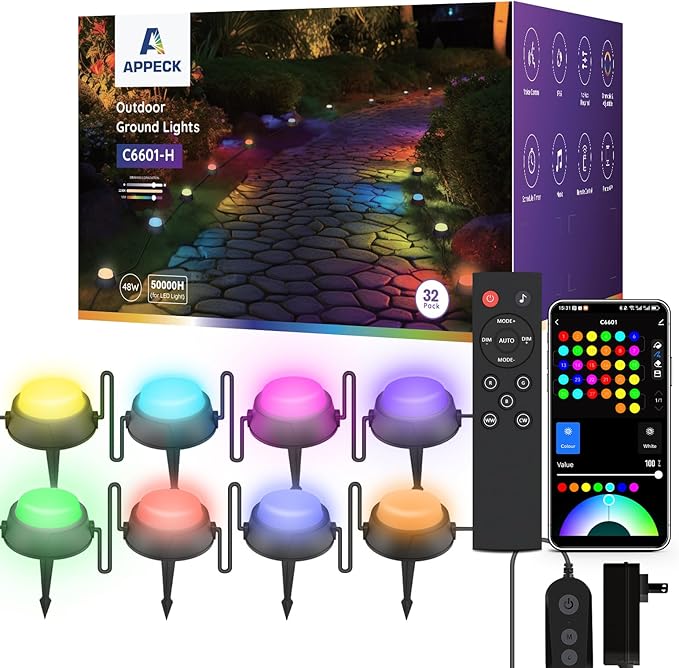 APPECK Smart Ground Lights Wired 32 Pack 100FT RGBW Color Changing Pathway Lights 2200K Warm White Landscape Lighting for Garden Yard Lawn Path Holiday Party Decor with App/Google Assistant