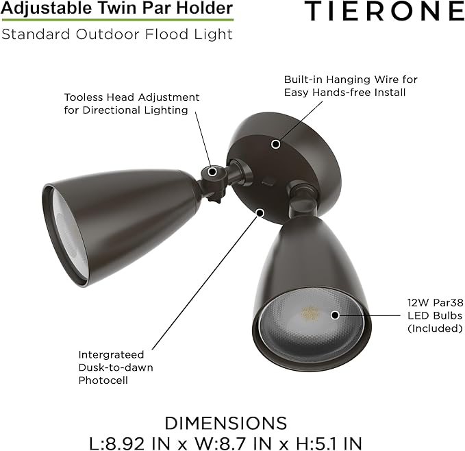 TIERONE Twin-Head LED Flood Light with Dusk to Dawn Photocell UL Listed Outdoor Security Lighting 120V Two Head Par Light with 4 PAR30 Bulbs(Each 12W 1080 Lumen 4000K) 2 Pack Dark Bronze