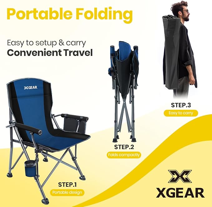 XGEAR Camping Chair with Padded Hard Armrest Sturdy Folding Camp Chair with Cup Holder Storage Pockets Carry Bag Included Support to 400 lbs