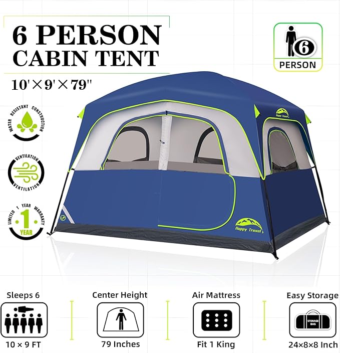 Happy Travel Tent 6 Person Tents for Camping Waterproof Easy Setup Camping Tent with Rainfly Portable Large Family Cabin Tent with 5 Large Mesh Windows and Carry Bag for Outdoor Camping &amp Hiking