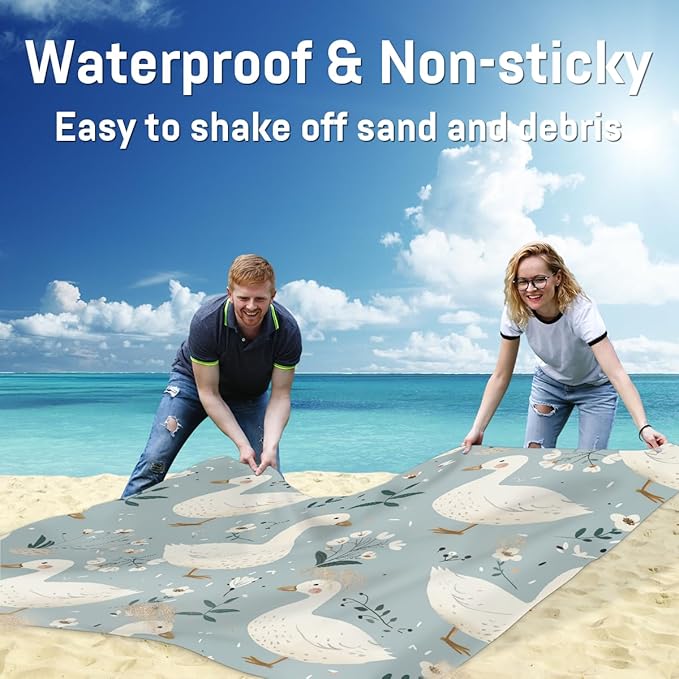 Waterproof Sandproof Beach Blanket 59''×68'' Ducks Polyester Outdoor Picnic Blanket with 4 Stakes &amp Storage Bag for BeachCampingVacation Light Gray