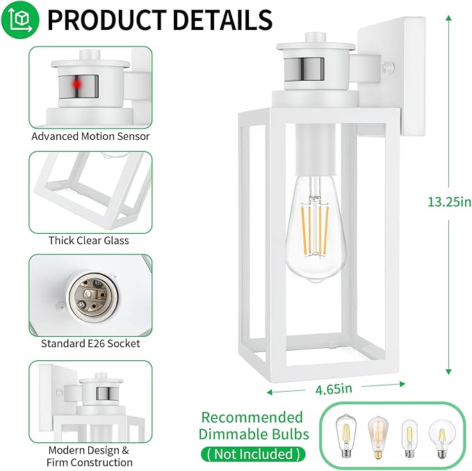 2-Pack Motion Sensor Outdoor Wall Lantern Dusk to Dawn Exterior Light Fixtures Wall Mount White Outside Light for House Waterproof Outside Lantern Sconces Anti-Rust Porch Lighting with Clear Glass