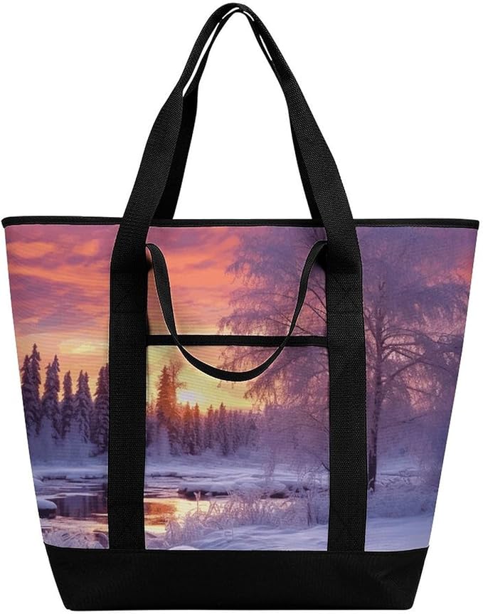 Insulated Shopping BagLarge Reusable Cooler Bags Winter Landscape Printed Foldable Shopping BagTravel Waterproof Shoulder Bag