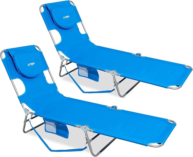 Beach Lounge Chair Outdoor Chaise Lounger with Face Hole 5-Position Reclining Beach Chair Face Down Tanning Chair with Carry StrapSide Pocket Portable Camping Cot for PatioPoolside
