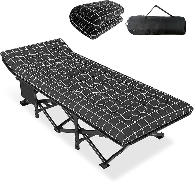 ATORPOK Camping Cot for Adults with Cushion Comfortable Portable Folding Bed for Sleeping Lightweight Folding Bed with Carry Bag for Kids Supports 450 lbs (Black)