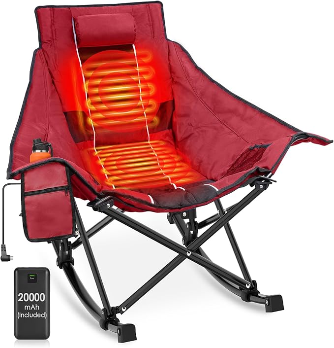 Suteck Heated Rocking Camping Chair - Oversized Heated Camping Chair W/20000mAh Power Bank &amp Carry Bag Fully Padded Heated Chairs for Outdoor Sports W/3 Heat Levels for Back &amp Seat Lawn Picn