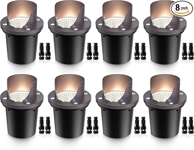 SUNVIE 12W Low Voltage Landscape Lighting Waterproof Outdoor In-Ground Lights Shielded LED Well Lights 12V-24V Warm White Landscape Lighting for Pathway Garden Fence Deck 8 Pack with Wire Connectors