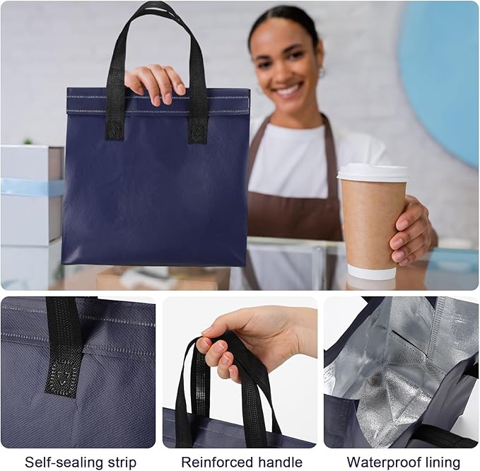 300 Pack Insulated Bags Bulk for Food Delivery 9.5 x 9.5 x 6 Thermal Take Away Bag for Hot Cold Food Coffee Milk Pizza Seafood Disposable Grocery Bag for Catering Restaurant(Navy Blue Black)