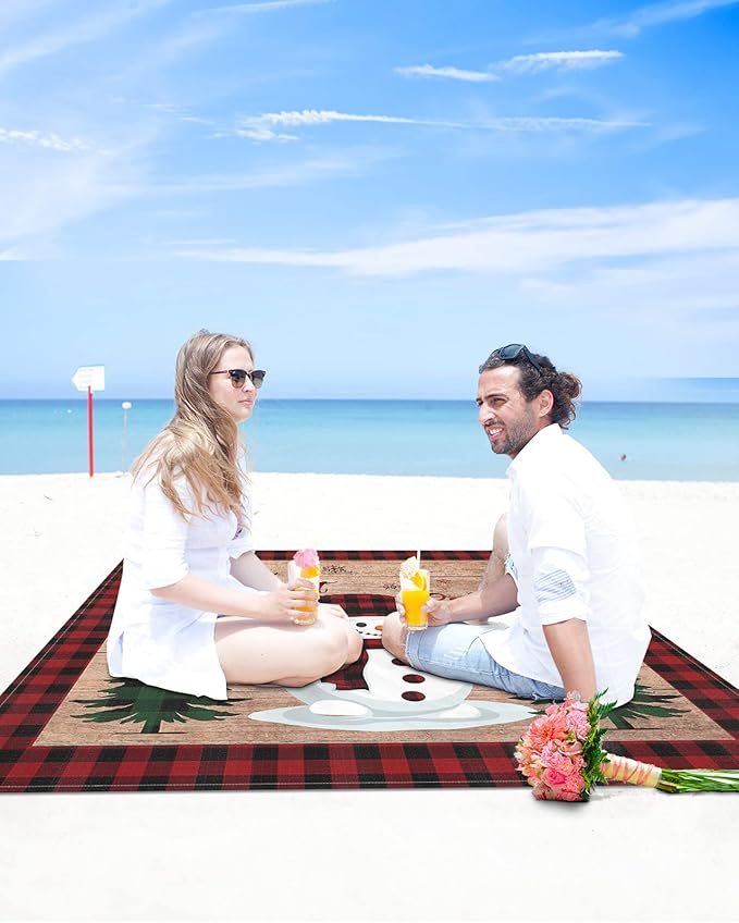 Beach Blanket Waterproof Sandproof OversizedChristmas Cute Snowman Tree Winter Snowflake Beach Mat with Corner Stakes Sand PocketsRed Buffalo Plaid Retro Plank Picnic Mat for Travel 83x79In