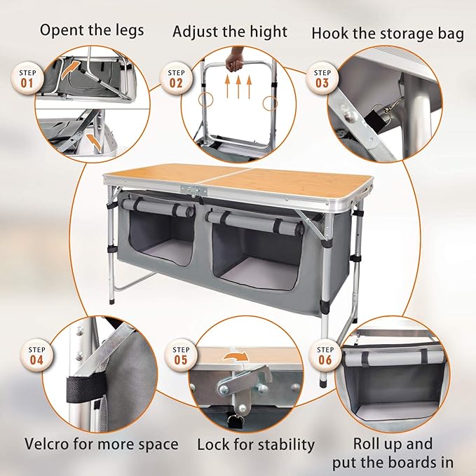 CampLand Outdoor Folding Table Aluminum Lightweight Height Adjustable with Storage Organizer for BBQ Party Camping