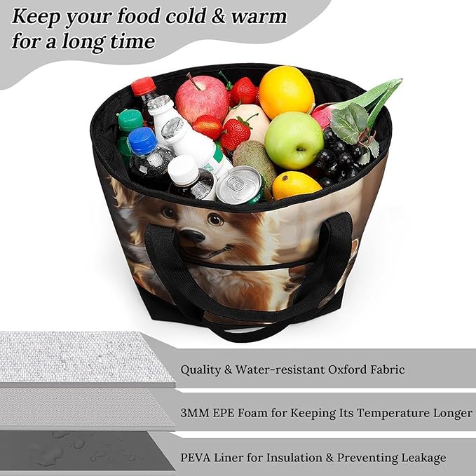 Insulated Shopping BagLarge Reusable Cooler Bags Dogs And Cats Printed Foldable Shopping BagTravel Waterproof Shoulder Bag