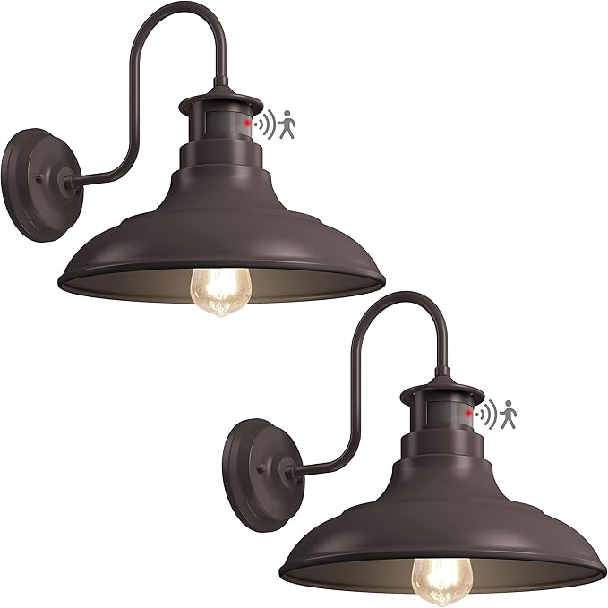 2 Pack Farmhouse Gooseneck Wall Sconce Barn LightsMotion Sensor and Dusk to Dawn Outdoor Wall Mount Lighting Fixtures3 Modes Exterior Porch Light IP65 Waterproof E26 Matte Brown Wall Lamp for Patio