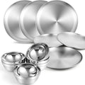 Sunnyray 304 Stainless Steel Plates and Bowls Metal Camping Plates Reusable 13 oz Steel Snack Bowls Dinner Dishes Double Walled Insulated Metal Dinnerware(6 Sets8 x 8 Inch)