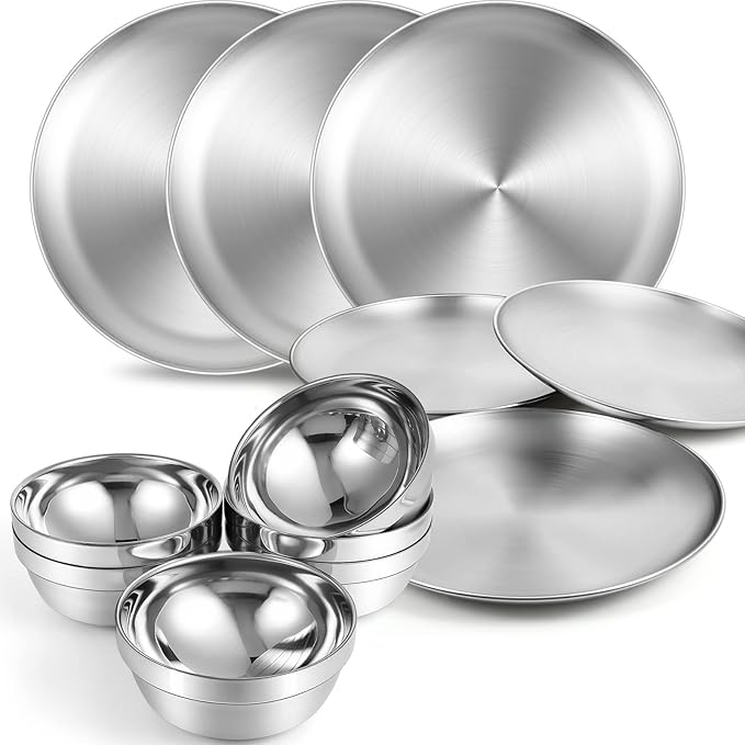 Sunnyray 304 Stainless Steel Plates and Bowls Metal Camping Plates Reusable 13 oz Steel Snack Bowls Dinner Dishes Double Walled Insulated Metal Dinnerware(6 Sets8 x 8 Inch)