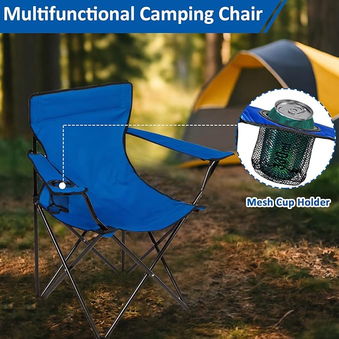 Folding Camping Chair with Cup Holder 225lbs Capacity Portable Foldable Chair with Large Anti-Sink Feet PE Coated Fabric for Outdoor Beach Fishing Backpacking Blue 2PCS